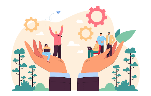 Large supportive hands uplifting students collaborating, learning, and celebrating growth, reflecting a caring, disciplined school culture at Douglas Memorial Higher Secondary School.